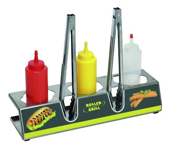 ROLLER GRILL Kit KHDS60 pour hot-dogs, support en acier inoxydable avec 3 bouteilles souples et 2 pinces en acier inoxydable 300 mm, KHDS60