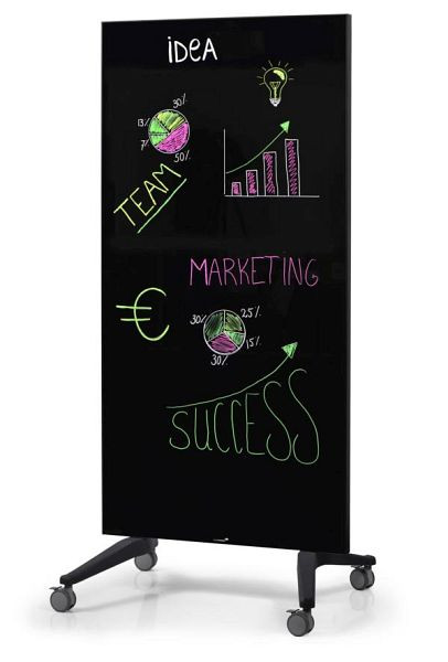 Tableau en verre Legamaster Mobile noir, double face, sur roulettes, 90 x 175 cm, 7-105200