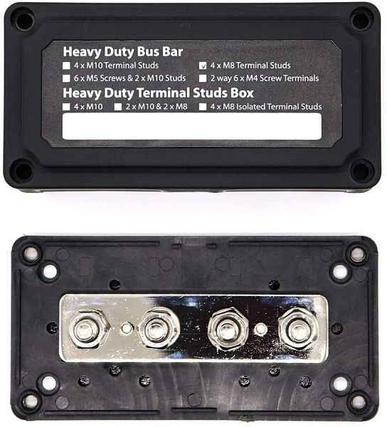 Offgridtec BusBar Box 4 x boulons de connexion M8 avec couvercle et vis de fixation noir, 8-01-012830