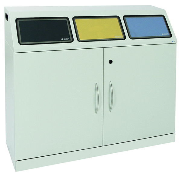 Station de collecte de déchets contondants Flex-M-3 fois avec conteneurs intérieurs, ProPads en bleu, jaune et anthracite, 660-075-4-2-735