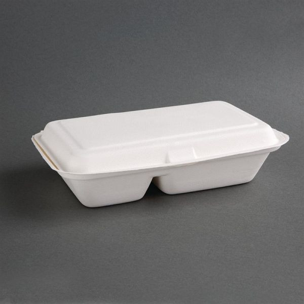Fiesta Compostable Boîtes de menu compostables en bagasse avec couvercle à charnière blanc en 2 parties (200 pièces), FC524