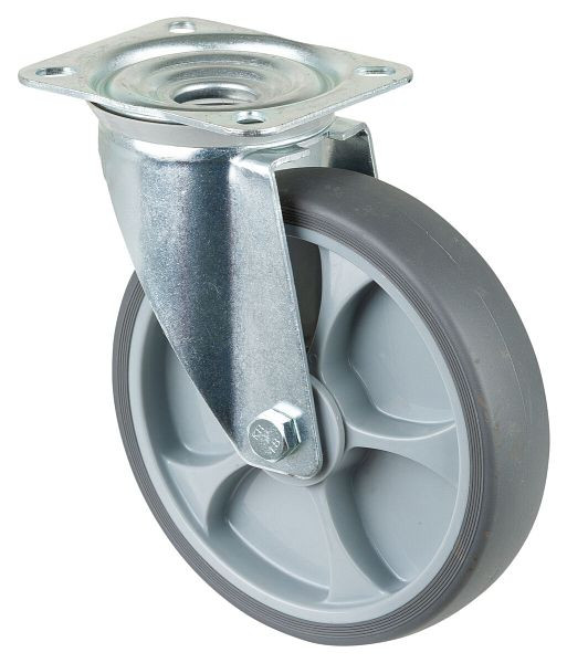 Rouleau de transport BS rollers, largeur 45 mm, Ø200 mm, jusqu'à 220 kg, pneus thermoplastiques gris, corps de roue en plastique, roulements à billes, plateau, L400.A85.202
