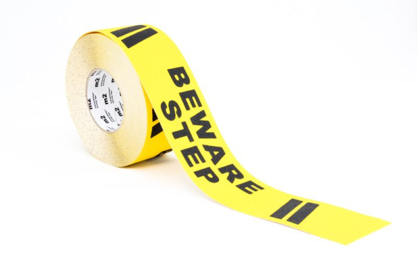 m2 surface antidérapante marquage d'avertissement noir/jaune avec texte "Beware Step" rouleau 75mmx18.3m, M13ER075183