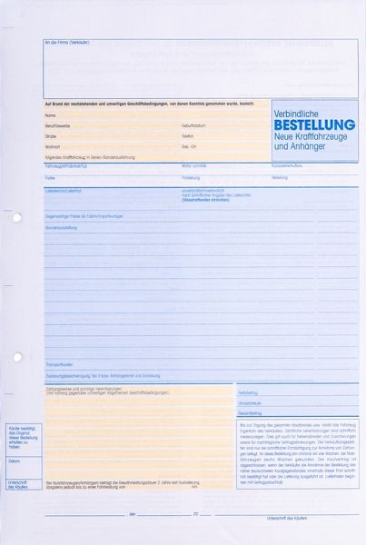 Formulaire Eichner "Commande contraignante pour un nouveau véhicule", UE : 25 pièces, 9036-00162