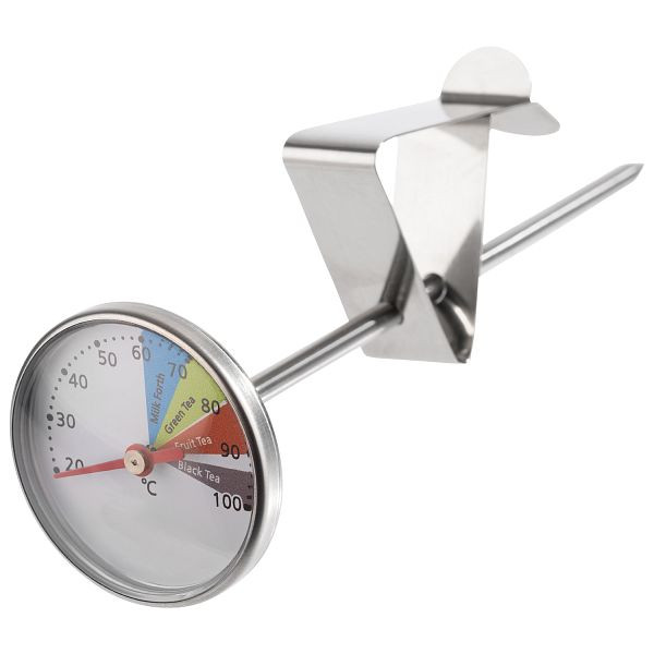 Thermomètre APS pour pots à lait, Ø 4 cm, longueur : 13,5 cm, inox 18/8, verre, hauteur réglable, plage de température 20°C à 100°C, graduation 2°C, 10355