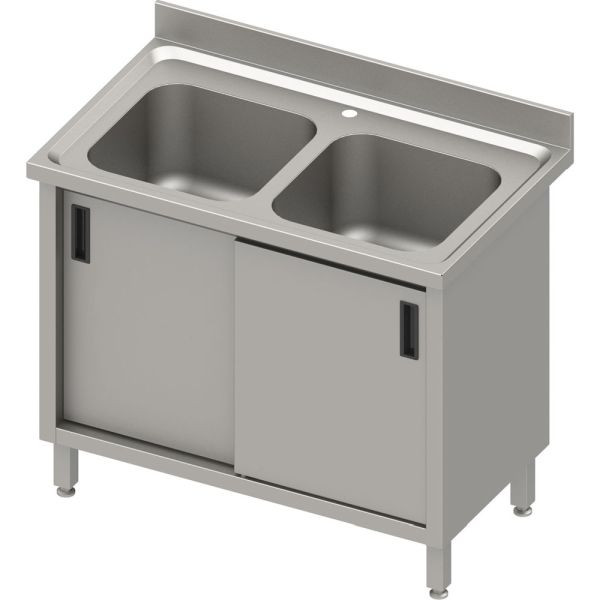 Meuble pour évier double bac Stalgast avec portes coulissantes, avec dosseret, 1000mm x 600mm x 850mm (LxPxH), VSK10683A