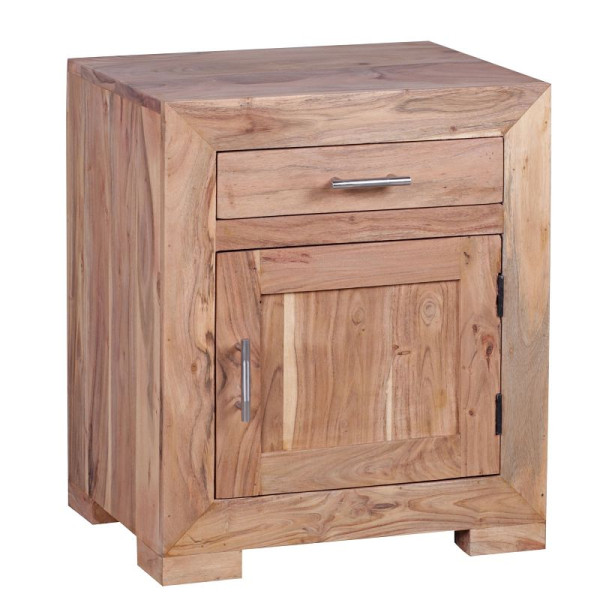Table de chevet Wohnling MUMBAI design en bois massif d'acacia, 60 cm avec tiroir et porte, WL1.762