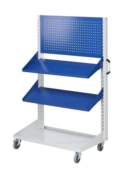 Chariot de base ANKE panneau métallique perforé et étagère inclinée; 1250x450x1950 mm; RAL 7035/5010; avec 1x panneau en tôle perforée; 2x tablette inclinée 450 mm