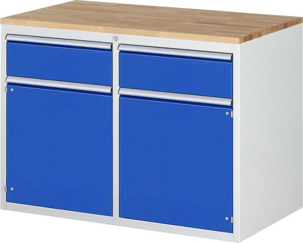 Armoire à tiroirs RAU 7000, L1145xP650xH825mm, gauche : H180mm, porte battante, droite : H180mm, porte battante, plan de travail en hêtre massif, 03-LL5.8.8AB.11