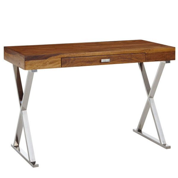 Bureau Wohnling 120x55x78 cm bois massif Sheesham / métal chromé, table de bureau design avec tiroir, WL6.539