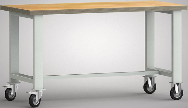 Etabli standard mobile KLW 2000x700x840mm, avec plateau multiplex en hêtre, 2 roulettes pivotantes, freins, 2 roulettes fixes, sans poignée de poussée, WS880N-2000M40-X7000