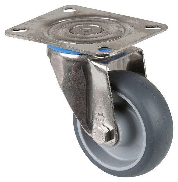 Rouleau de transport en acier inoxydable BS rollers, largeur 30 mm, Ø80 mm, jusqu'à 60 kg, pneus thermoplastiques gris, corps de roue en plastique, palier lisse, plateau, H100.B43.080