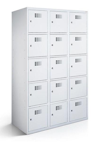 Armoire vestiaire KEMMLIT 3 compartiments et 15 portes 30cm avec fond fermé, gris clair 7035, loquet tournant, 100718