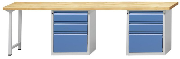 Établi combiné ANKE 2 postes de travail; 2800x700mm; RAL7035 / 5012; Au centre et à droite 1 meuble bas, 2 tiroirs, modèle 903 E
