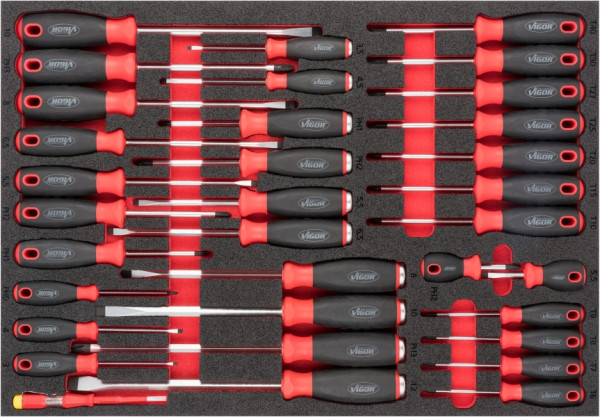 Jeu de tournevis VIGOR, 0,5 x 3 - 1,6 x 10, PH0 - PH3, T6 - T40, nombre d'outils : 34, V6813