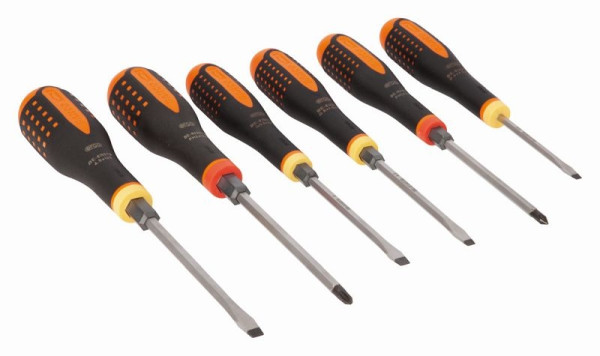 Jeu de tournevis Bahco Ergo™, fente + PH, 6 pièces, contenu : 0,6x3,5x75, 0,8x4,5x100, 1,0x5,5x100, 1,2x6,5x125, PH1x100, PH2x125, BE-9881TB