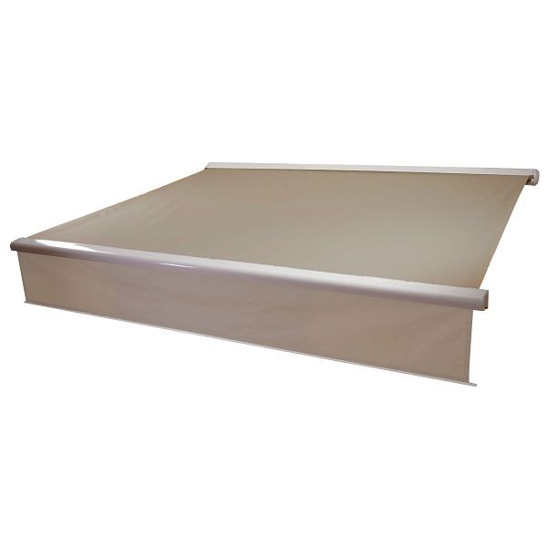 Store à cassette électrique Mendler T124, cantonnière extensible 4x3m, polyester sable, 58232+34295+35606