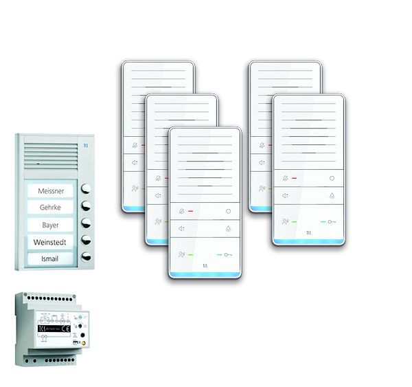 Système de commande de porte audio TCS : pack AP pour 5 unités résidentielles, avec poste extérieur PAK 5 boutons de sonnerie, 5x haut-parleur mains libres ISW5031, unité de contrôle BVS20, PAAF051 / 001