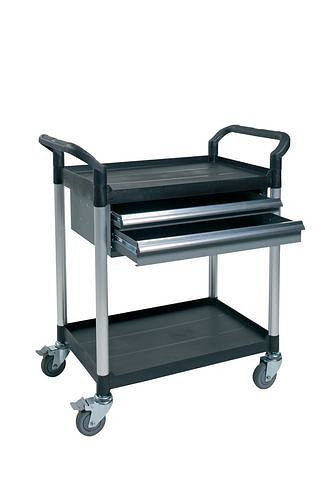 Desserte DENIOS TOOL, tubes aluminium brossé, 2 niveaux, 2 tiroirs, 180-039