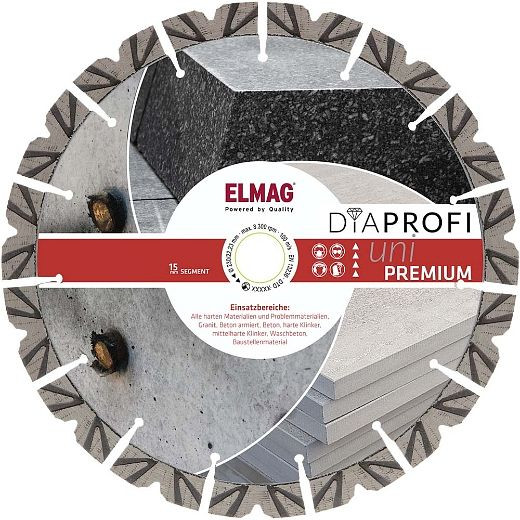 Disque diamant ELMAG DiaProfi UNI-PREMIUM Ø350mm, alésage : 30,0mm (pour coupe à sec et humide), 62253