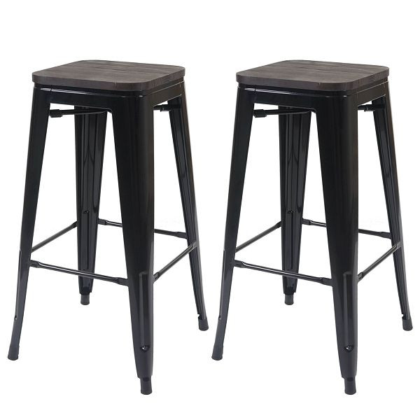 Ensemble de 2 tabourets de bar Mendler HWC-A73 avec siège en bois, tabouret de bar, design industriel en métal, empilable, noir, 70392