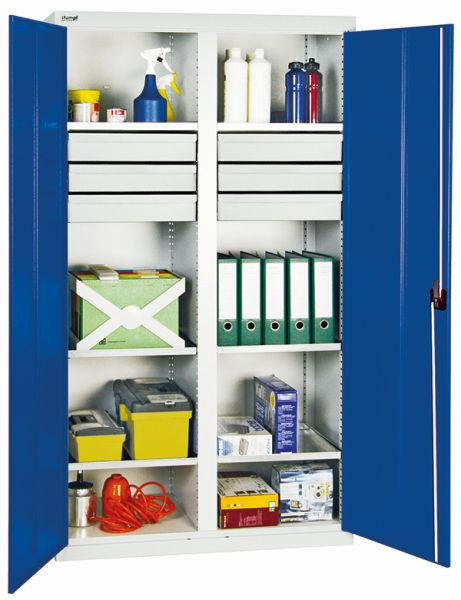 armoire à outils et matériaux contondants série 2000, 7035/5010, 6 tiroirs, cloison centrale, 6 étagères, 2004274