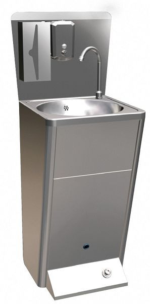 Lave-mains à commande au pied SOFINOR avec paroi arrière et distributeur de savon et de papier en acier inoxydable, LMAP2