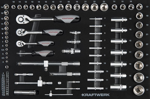 Plateau de clé à douille Kraftwerk 1/4"+3/8"+1/2" 86 pièces, 105.102.011