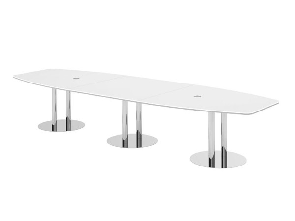 Table de conférence Hammerbacher KT40S, 400 x 130 cm, plateau : blanc, épaisseur 25 mm, avec trois pieds colonnes chromés, 7,6/70 cm, hauteur de travail 74 cm, VKT40S/W/C