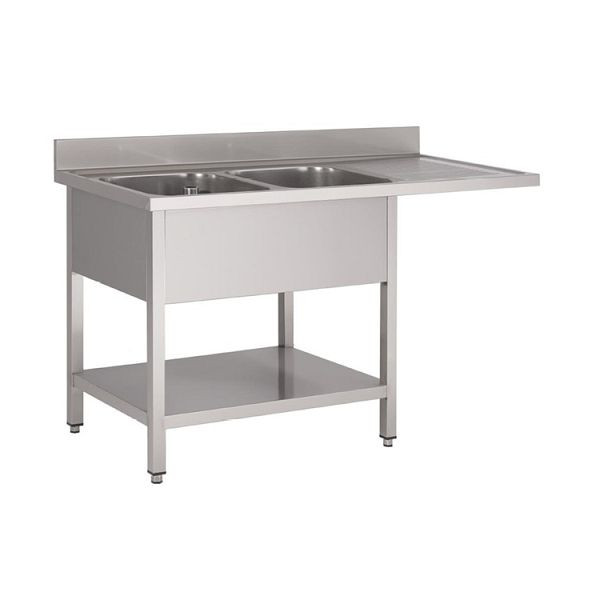 Évier Gastro-Inox avec 2 vasques à gauche, base et emplacement pour lave-vaisselle, 1600 mm, complet avec trop-plein et vanne de vidange, 305.512