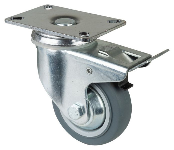 Roulettes BS Roulette pour appareil lourd avec frein, largeur 21 mm, Ø80 mm, jusqu'à 80 kg, caoutchouc gris, roulement à billes, platine, lot de 2, C120.A85.081
