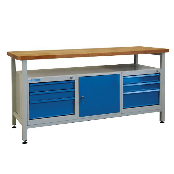 Etabli ADB 6 tiroirs + 1 porte (L), étagère, dimensions LxlxH : 1700x600x840 mm, table de travail : gris clair, RAL 7035, porte/tiroirs : bleu clair, RAL 5012, 42750