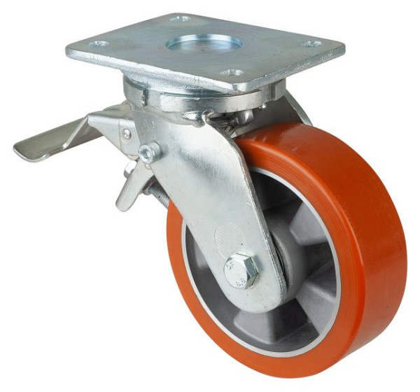 Roulettes BS Roulette robuste avec roue/blocage, B50 mm, Ø150 mm, jusqu'à 550 kg, polyuréthane superficiel moulé 95 Shore A, aluminium, roulement à billes, RR120.B90.150
