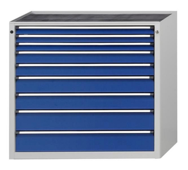 Armoire à outils ANKE; 1065 x 700 x 1020 mm; RAL 7035/5010; Plateau en hêtre massif 40 mm; 9 tiroirs 60, 60, 60, 90, 90, 120, 120, 150, 150 mm, 610.415