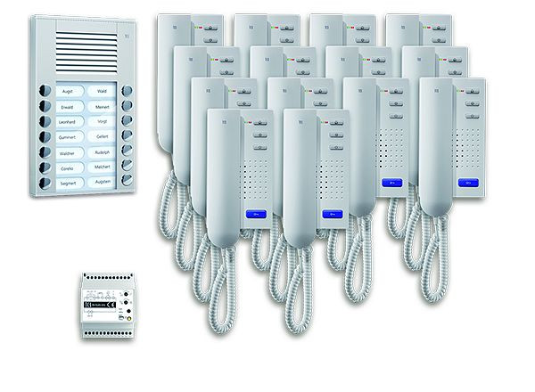 Système de contrôle de porte audio TCS : pack AP pour 14 unités résidentielles, avec poste extérieur PES 14 boutons de sonnerie, 14x interphones ISH3030, unité de contrôle BVS20, PPA14-EN / 02