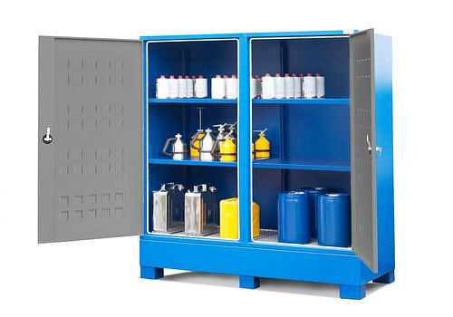 Dépôt de matières dangereuses DENIOS SteelSafe D2, avec portes et 2 x 2 étagères pour petits conteneurs, 259-065