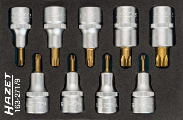 Jeu de douilles tournevis Hazet TORX®, carré creux 12,5 mm, profil intérieur TORX®, T20 - T60, nombre d'outils : 9, avec moletage, 163-271/9