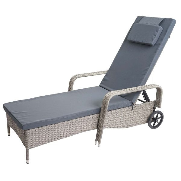 Chaise longue en rotin Mendler Carrara, chaise longue de relaxation, chaise longue de jardin, aluminium, gris, coussins gris foncé, 65248