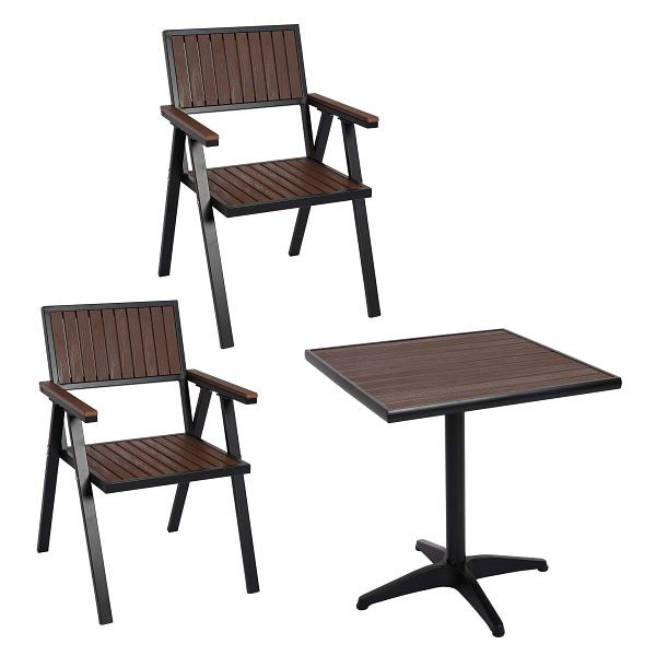 Ensemble de 2 chaises de jardin Mendler + table de jardin HWC-J95, table de chaise, revêtement extérieur gastro, aluminium polywood, noir, brun foncé, 84857 + 84861