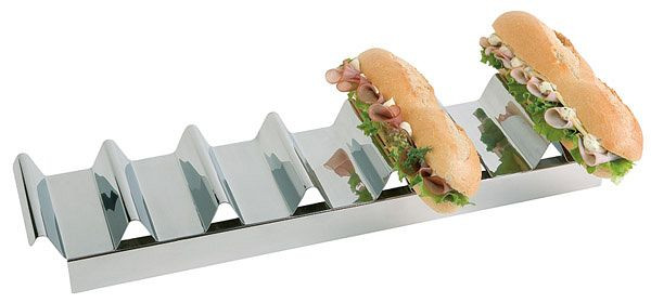 Présentoir à snacks APS, 47,5 x 10,5 cm, hauteur : 6 cm, acier inoxydable, poli, avec poignée encastrée, avec 7 évidements, 11891