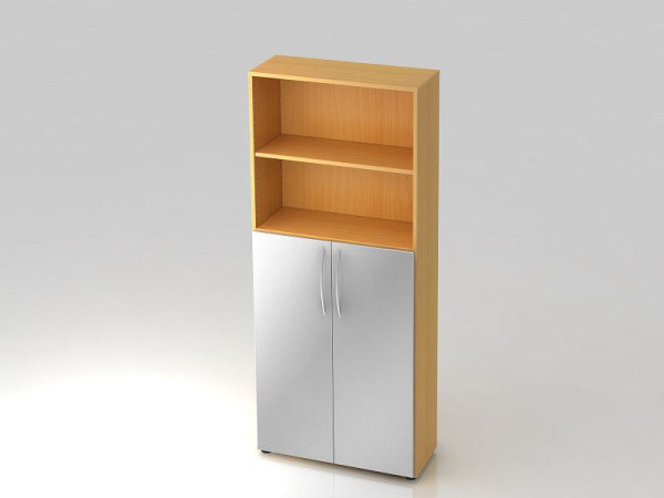 Étagère Hammerbacher 5OH, portes 3OH en bas, poignée cintrée hêtre/argent, 80x34,6x188 cm (LxPxH), V4770/6/S/BM