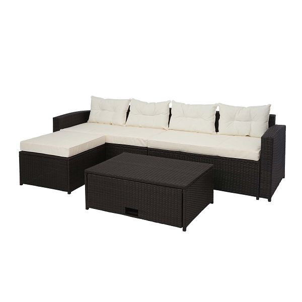 Ensemble en polyrotin Mendler HWC-J34, ensemble balcon/jardin/salon, canapé, compartiment de rangement, marron, coussins beige crème, 77081+77082+77083