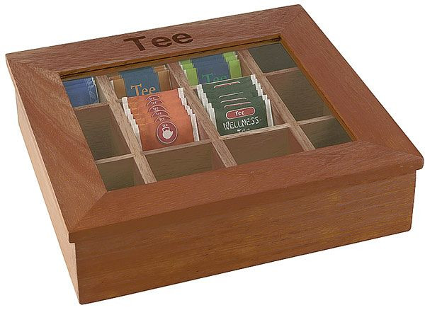 Boîte à thé APS à 12 compartiments, 31 x 28 cm, hauteur : 9 cm, boîte en bois rouge-marron avec fenêtre en acrylique, 11776