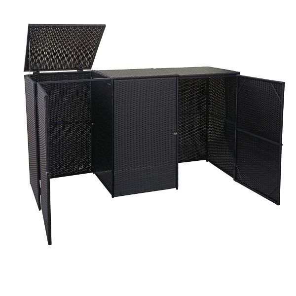 Mendler HWC-E25 Habillage poubelle 3 roues, poubelle, couvercle poubelle, rotin poly 3x120l, noir, 65260+65261