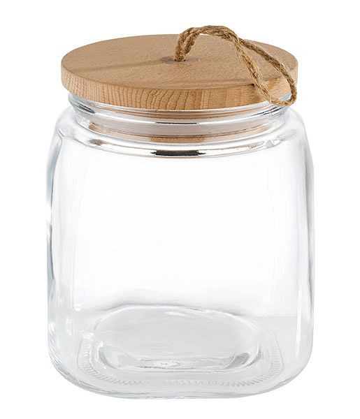 Pot de conservation APS -WOODY-, 14 x 14 cm, hauteur : 17 cm, verre, bois de pin, silicone, 2 litres, avec couvercle en bois, 82256