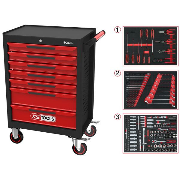 Chariot d'atelier KS Tools ECOline NOIR/ROUGE avec 7 tiroirs et 215 outils premium, 897.7215