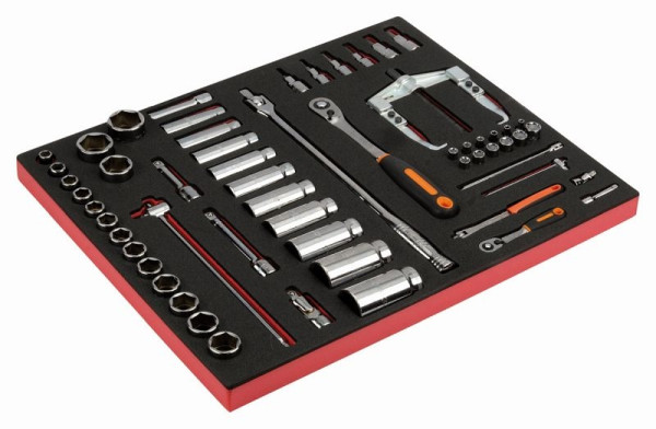 Insert Bahco 3/3, clé à douille + accessoires 1/2" + 1/4" + extracteur, 58 pièces, FF1A22