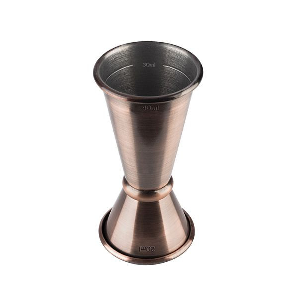 Mesure en barre APS, Ø 4,5 cm, hauteur : 9 cm, acier inoxydable, aspect cuivre antique, volume : 20 / 40 ml, avec ligne de remplissage 10 ml / 30 ml, 93352
