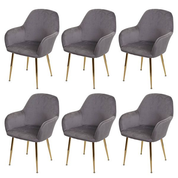 Mendler Lot de 6 chaises de salle à manger HWC-F18, chaise chaise de cuisine, design rétro, velours gris, pieds dorés, 3x83092