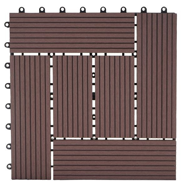 Carrelage de sol Mendler WPC Rhone, balcon/terrasse aspect bois, 11x chaque 30x30cm = 1m², Premium, décalage café, 57950